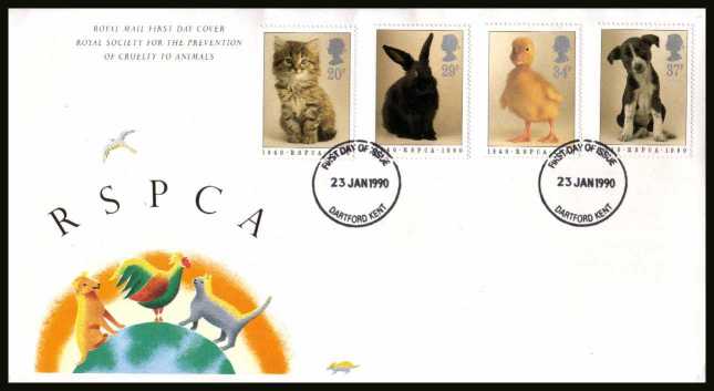 view larger back view image for 150th Anniversary of Royal Society for Prevention of Cruelty to Animals (RSPCA) on an unaddressed Royal Mail FDC cancelled with the FDI cancel for DARTFORD - KENT dated 23 JANUARY 1990.
