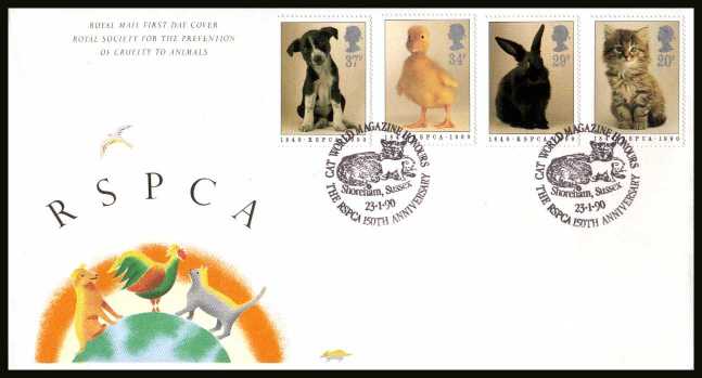 view larger back view image for 150th Anniversary of Royal Society for Prevention of Cruelty to Animals (RSPCA) on an unaddressed Royal Mail FDC cancelled with the special FDI cancel for CAT WORLD MAGAZINE - SHOREHAM - SUSSEX
dated 23 JANUARY 1990.