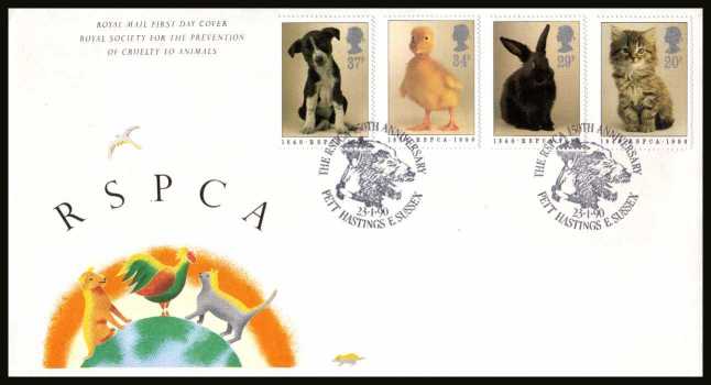 view larger back view image for 150th Anniversary of Royal Society for Prevention of Cruelty to Animals (RSPCA) on an unaddressed Royal Mail FDC cancelled with the special FDI cancel for THE RSPCA 150TH ANNIVERSARY - PETT - HASTINGS - E. SUSSEX
dated 23 JANUARY 1990.