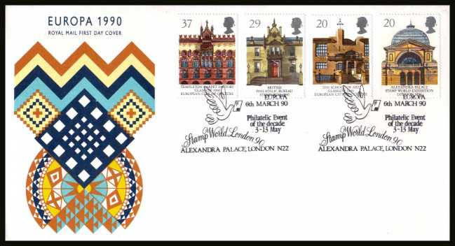 view larger back view image for EUROPA - Glasgow City of Culture set of four  on an unaddressed Royal Mail FDC cancelled with the special FDI cancel for STAMP WORLD LONDON 90 - ALEXANDRA PALACE - LONDON N22
dated 6 MAR 1990.

