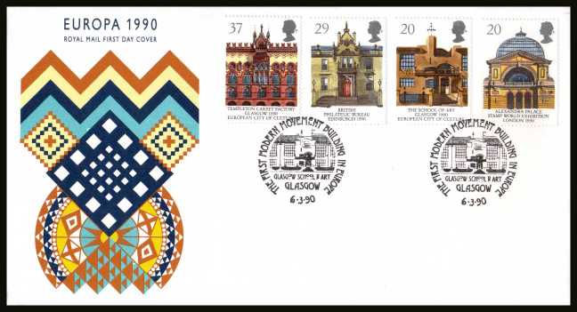 view larger back view image for EUROPA - Glasgow City of Culture set of four  on an unaddressed Royal Mail FDC cancelled with the special FDI cancel for GLASGOW SCHOOL OF ART - GLASGOW
dated 6 MAR 1990.


