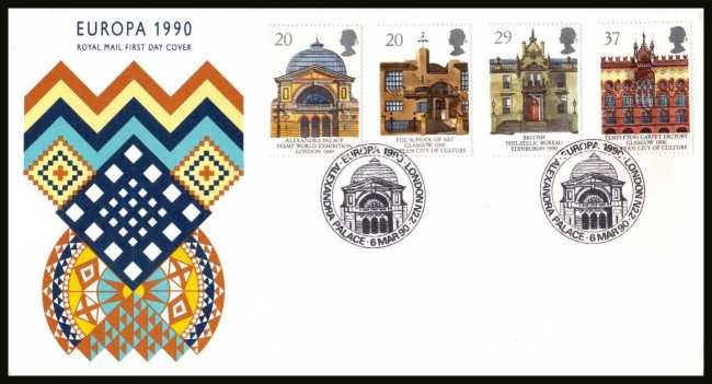 view larger back view image for EUROPA - Glasgow City of Culture set of four  on an unaddressed Royal Mail FDC cancelled with the special FDI cancel for ALEXANDER PALACE - LONDON N22
dated 6 MAR 1990.

