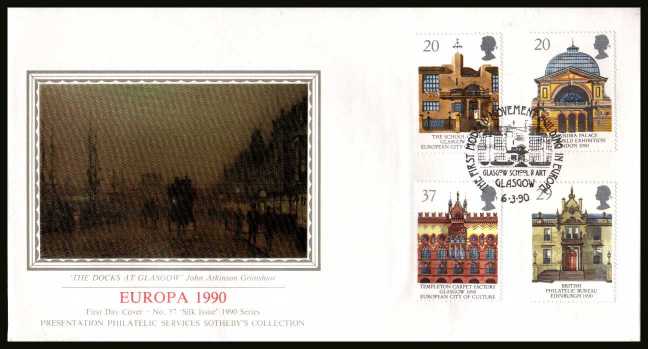 view larger back view image for EUROPA - Glasgow City of Culture set of four   on an unaddressed SOTHEBY'S - SILK (Number 57) FDC cancelled with GLASGOW SCHOOL OF ART - GLASGOW  handstamp dated 6-3-90.
