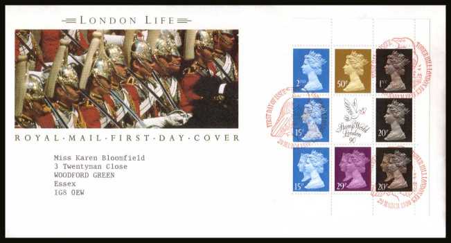view larger back view image for ''London Life''  Machin booklet pane on a neatly typed addressed official Royal Mail FDC cancelled with the alternative FDI cancel for TOWER HILL LONDON EC3 dated 20 MAR 1990.