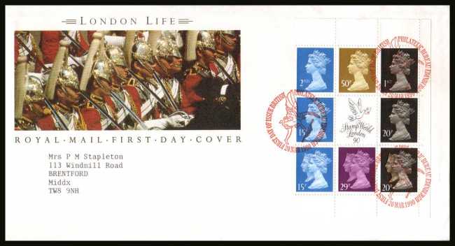 view larger back view image for ''London Life''  Machin booklet pane on a neatly typed addressed official Royal Mail FDC cancelled with the PHILATELIC BUREAU FDI cancel dated 20 MAR 1990.