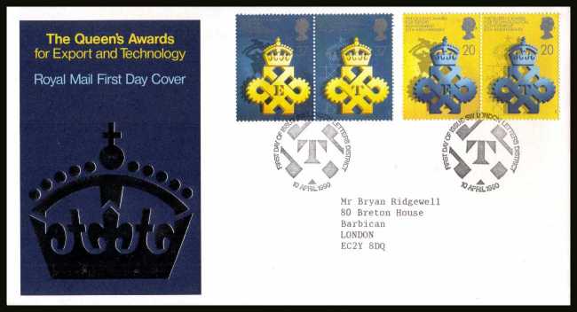 view larger back view image for 25th Anniversary of Queen's Awards for Export set of four on a neatly typed addressed official Royal Mail FDC cancelled with the alternative FDI cancel for SW LONDON LETTERS DISTRICT dated 10 APRIL 1990.