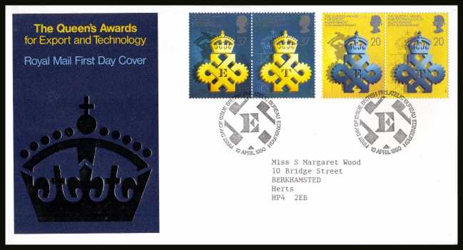 view larger back view image for 25th Anniversary of Queen's Awards for Export set of four on a neatly typed addressed official Royal Mail FDC cancelled with the PHILATELIC BUREAU FDI cancel dated 10 APRIL 1990
