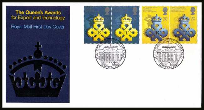 view larger back view image for 25th Anniversary of Queen's Awards for Export set of four on an unaddressed official Royal Mail FDC cancelled with the special FDI cancel for THE QUEEN'S AWARDS TO INDUSTRY - LONDON SW1
dated 10 APRIL 90.