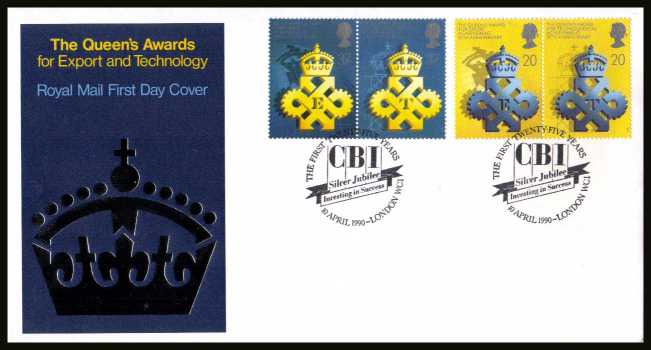 view larger back view image for 25th Anniversary of Queen's Awards for Export set of four on an unaddressed official Royal Mail FDC cancelled with the special FDI cancel for CBI - LONDON WC1
dated 10 APRIL 90.
