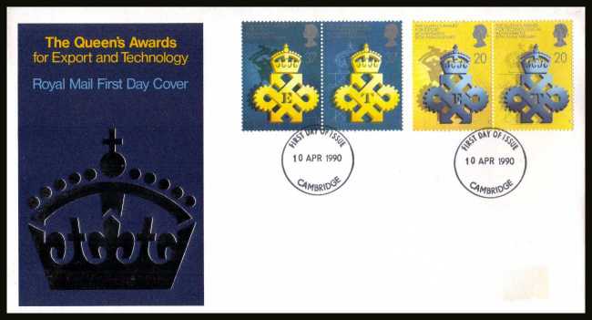 view larger back view image for 25th Anniversary of Queen's Awards for Export set of four on an unaddressed official Royal Mail FDC cancelled with the FDI cancel for
CAMBRIDGE 
dated 10 APRIL 90.
