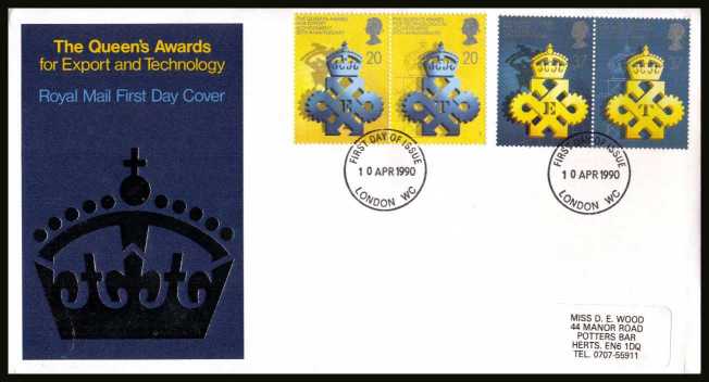 view larger back view image for 25th Anniversary of Queen's Awards for Export set of four on an unaddressed (small label) official Royal Mail FDC cancelled with the FDI cancel for LONDON WC
 
dated 10 APRIL 90.