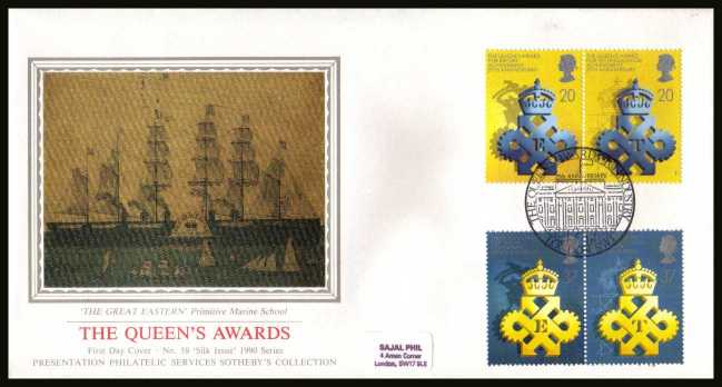 view larger back view image for 25th Anniversary of Queen's Awards for Export set of four on an unaddressed SOTHEBY'S - SILK (Number 58) FDC cancelled with the special FDI cancel for THE QUEEN'S AWARDS TO INDUSTRY - LONDON SW1 dated 10 APRIL 90.