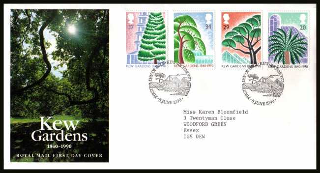 view larger back view image for 150th Anniversary of Kew Gardens set of four on a neatly typed addressed official Royal Mail FDC cancelled with the alternative FDI cancel for KEW - RICHMOND 
dated 5 JUNE 1990.