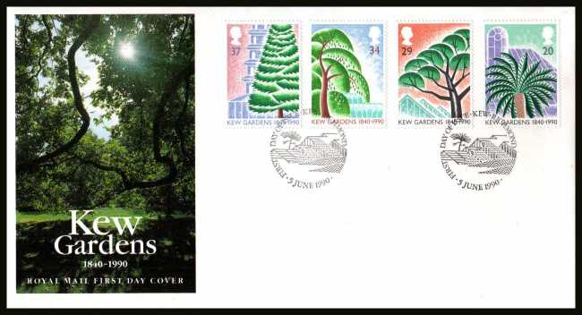 view larger back view image for 150th Anniversary of Kew Gardens set of four on an unaddressed official Royal Mail FDC cancelled with the alternative FDI cancel for KEW - RICHMOND 
dated 5 JUNE 1990.
