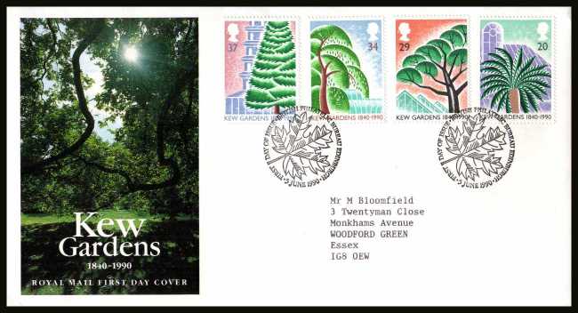 view larger back view image for 150th Anniversary of Kew Gardens set of four on a neatly typed addressed official Royal Mail FDC cancelled with the PHILATELIC BUREAU FDI
dated 5 JUNE 1990.