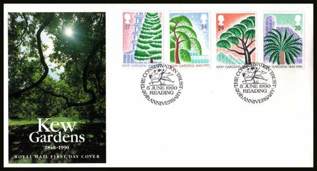 view larger back view image for 150th Anniversary of Kew Gardens set of four on an unaddressed official Royal Mail FDC cancelled with the special FDI cancel for THE CONSERVATION TRUST - READING
 
dated 5 JUNE 1990.