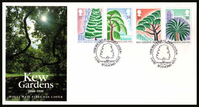 view larger back view image for 150th Anniversary of Kew Gardens set of four on an unaddressed official Royal Mail FDC cancelled with the special FDI cancel for ARBORICULTURAL ASSOCIATION - SEVENOAKS - KENT
 
dated 5 JUNE 1990.
