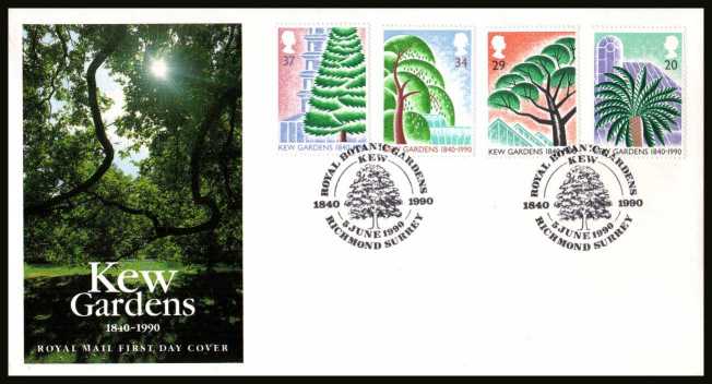 view larger back view image for 150th Anniversary of Kew Gardens set of four on an unaddressed official Royal Mail FDC cancelled with the special FDI cancel for ROYAL BOTANIC GARDENS - RICHMOND - SURREY
 
dated 5 JUNE 1990.