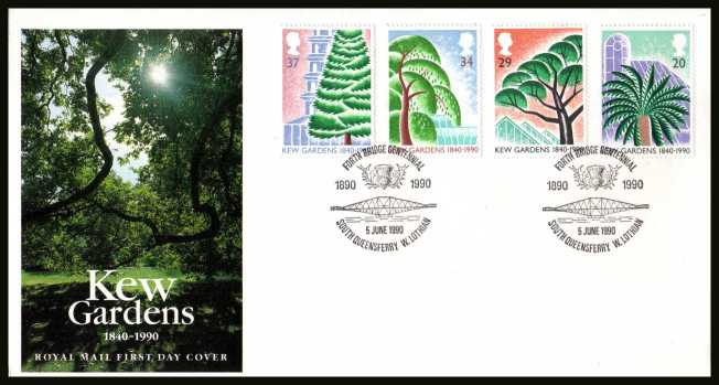 view larger back view image for 150th Anniversary of Kew Gardens set of four on an unaddressed official Royal Mail FDC cancelled with the special FDI cancel for FORTH BRIDGE CENTENNIAL - SOUTH QUEENSFERRY W.LOTHIAN
 
dated 5 JUNE 1990.