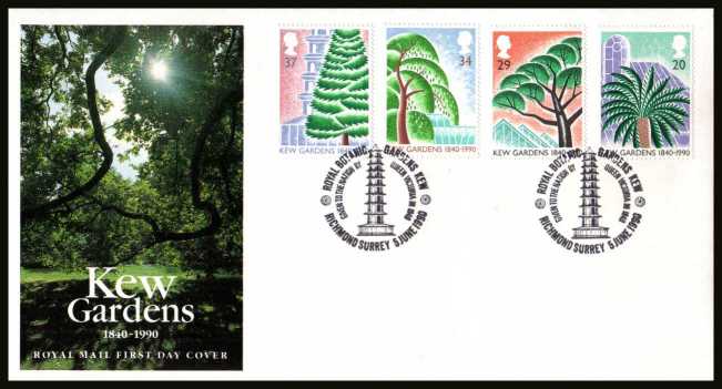view larger back view image for 150th Anniversary of Kew Gardens set of four on an unaddressed official Royal Mail FDC cancelled with the special FDI cancel for ROYAL BOTANIC GARDENS - KEW - RICHMOND - SURREY
 
dated 5 JUNE 1990.
