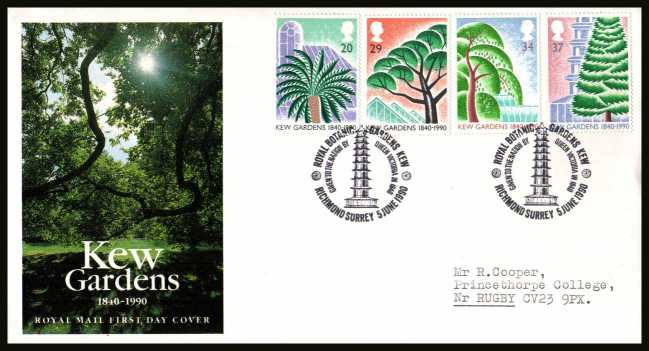 view larger back view image for .150th Anniversary of Kew Gardens set of four on a neatly typed addressed official Royal Mail FDC cancelled with the special FDI cancel for ROYAL BOTANIC GARDENS - RICHMOND - SURREY dated 5 JUNE 1990.