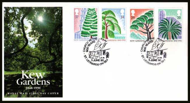 view larger back view image for 150th Anniversary of Kew Gardens set of four on an unaddressed official Royal Mail FDC cancelled with the special FDI cancel for CHURCH IN THE WOOD - ST. LEONARDS-ON-SEA
 
dated 5 JUNE 1990.