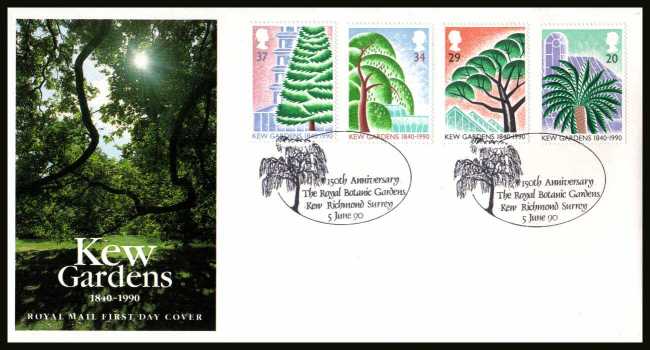view larger back view image for 150th Anniversary of Kew Gardens set of four on an unaddressed official Royal Mail FDC cancelled with the special FDI cancel for 150th ANNIVERSARY - THE ROYAL BOTANIC GARDENS - KEW - RICHMOND - SURREY
 
dated 5 JUNE 1990.