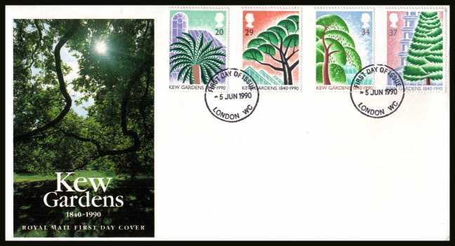 view larger back view image for 150th Anniversary of Kew Gardens set of four on an unaddressed official Royal Mail FDC cancelled with the regular FDI cancel for LONDON WC
 
dated 5 JUNE 1990.