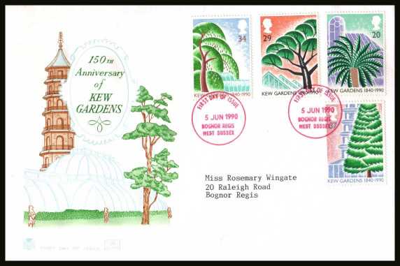 view larger back view image for 150th Anniversary of Kew Gardens set of four on a neatly typed addressed STUART FDC cancelled with the regular FDI cancel for 
 BOGNOR REGIS - WEST SUSSEX
dated 5 JUNE 1990.