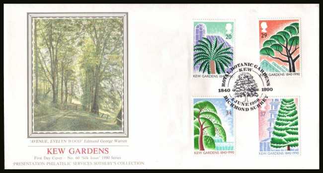 view larger back view image for 150th Anniversary of Kew Gardens set of four on an unaddressed SOTHEBY'S - SILK (Number 60) FDC cancelled with ROYAL BOTANIC GARDENS - KEW - RICHMOND - SURREY handstamp dated 5 JUNE 1990.