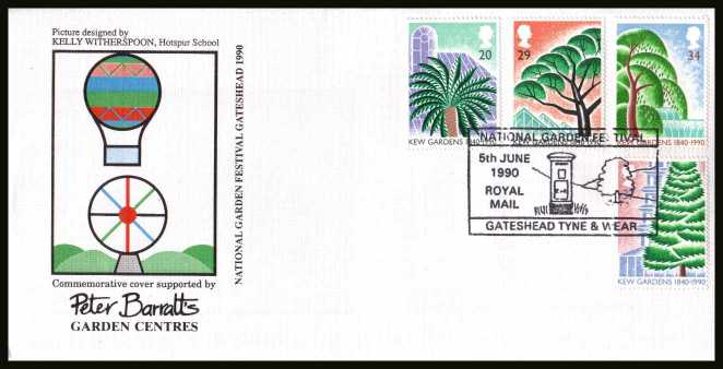 view larger back view image for 150th Anniversary of Kew Gardens set of four on an unaddressed 'OFFICIAL' PETER BARRATT'S GARDEN CENTERS FDC cancelled with the special FDI handstamp for NATIONAL GARDEN FESTIVAL- GATESHEAD - TYNE & WEAR dated 5 JUNE 1990. FDC contains all 3 inserts.