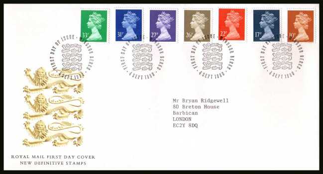 view larger back view image for Machin - 10p to 33p  on a neatly typed addressed official Royal Mail FDC cancelled with the alternative FDI cancel for WINDSOR - BERKS dated 4 SEPT 1990.