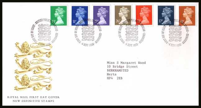 view larger back view image for Machin - 10p to 33p  on a neatly typed addressed official Royal Mail FDC cancelled with the PHILATELIC BUREAU FDI cancel dated 4 SEPT 1990.