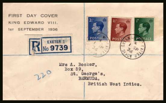 view larger back view image for King Edward 8th - ½d, 1½d and 2½d values on Registered printed cachet FDC to BERMUDA cancelled with two crisp steel CDS's dated 1 SP 36 - QUEEN STREET - EXETER - DEVON. A royal related cancel!!