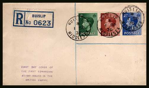 view larger back view image for King Edward 8th - ½d, 1½d and 2½d values on Registered handstamp cachet unaddressed FDC  cancelled with three crisp steel CDS's dated 1 SP 36 - for RUISLIP  - MIDDLESEX