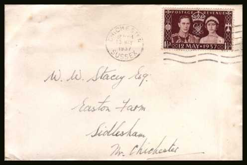 view larger back view image for Coronation single on small cover cancelled with a CHICHESTER ''wavy lives'' cancel dated 13 MAY 1937