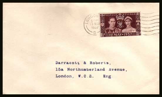 view larger back view image for Coronation single on a small plain envelope cancelled with a 
''wavel line'' cancel for LONDON
dated 13 MAY 1937