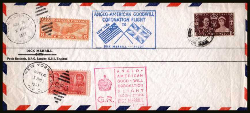 view larger back view image for ANGLO-AMERICAN GOODWILL CORONATION FLIGHT from New York to London and then back to New York bearing the Coronation single cancelled with (as always) a slightly indistinct CDS and the relevant USA cancels on an unaddressed airmail envelope. A famous FDC!