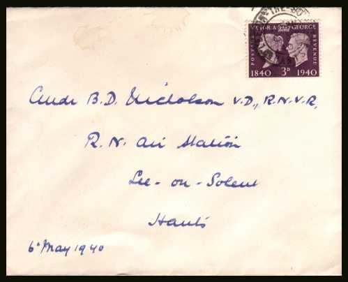 view larger back view image for Postage Stamp Centenary 3d Violet single on a neat small envelope clearly cancelled with a double ring CDS dated 6 MY 40.