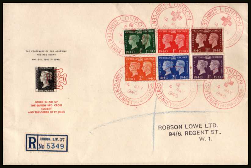 view larger back view image for Postage Stamp Centenary set of six on a on a large REGISTERED colour envelope cancelled with six strikes of RED CROSS EXHIBITION dated 14 MAY 1940, the last day of the stamp exhibition. Thus NOT First Day but is still a rare cover.