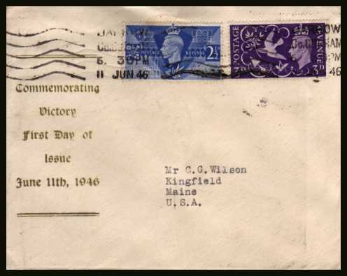 view larger back view image for The Victory set of two on a printed cachet envelope with a typed address  cancelled 11 JUN 46