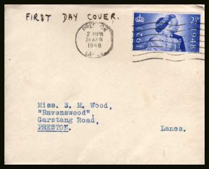 view larger back view image for Royal Silver Wedding 2½d single on a small neatly typed envelope cancelled with a PRESTON ''wavy lines'' cancel dated 26 APR 1948