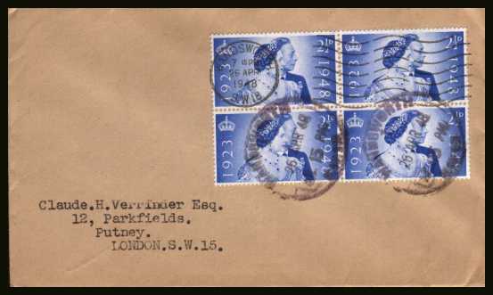 view larger back view image for Royal Silver Wedding 2½d block of four on a small neatly typed envelope clearly cancelled with a WANDSWORTH ''wavy line'' cancel plus two rubber strikes clearly dated 26 APR 1948