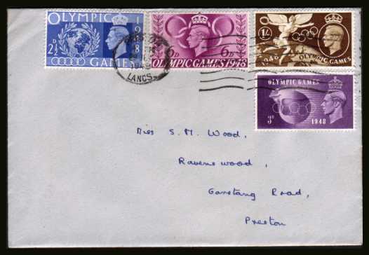 view larger back view image for Olympic Games set of four on a plain hand addressed cover cancelled with the OLYMPIC GAMES - WEMBLEY - GT. BRIT. ''slogan'' cancel showing the Olympic rings dated 29 July 1948