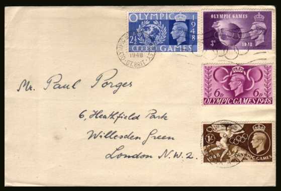 view larger back view image for Olympic Games set of four on a plain hand addressed cover cancelled with the OLYMPIC GAMES - WEMBLEY - GT. BRIT. ''slogan'' cancel showing the Olympic rings dated 29 July 1948
