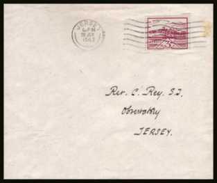view larger back view image for JERSEY - Jersey Views 3d Violet hand addressed envelope cancelled with a JERSEY ''wavy line'' cancel dated 29 JUN 1943