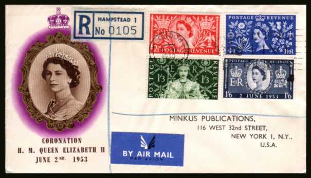 view larger back view image for Coronation set of four on a REGISTERED printed addressed illustated FDC cancelled with a LONDON
slogan cancel reading ''LONG LIVE THE QUEEN'' dated 3 JUN 1953 to NEW YORK