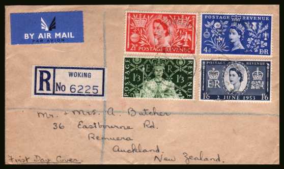 view larger back view image for Coronation set of four on a hand addressed plain Registered FDC cancelled with a
steel CDS cancel for WOKING - SURREY  dated 3 JUN 1953 to NEW ZEALAND with POSTMANS'S BRANCH - REMUERA cancel on back.