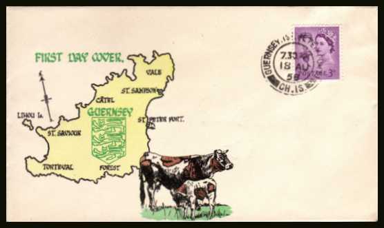 view larger back view image for GUERNSEY - 3d Deep Lilac on a colour printed UNADDRESSED illustrated envelope cancelled with a double ring CDS for GUERNSEY - ST. PETER PORT CH. IS. dated 18 AU 58.