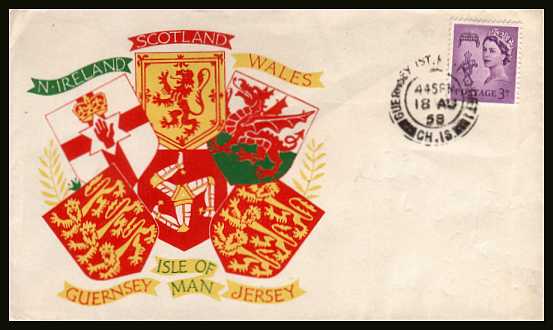 view larger back view image for GUERNSEY - 3d Deep Lilac on a colour printed UNADDRESSED illustrated envelope cancelled with a double ring CDS for GUERNSEY - ST. PETER PORT CH. IS. dated 18 AU 58.